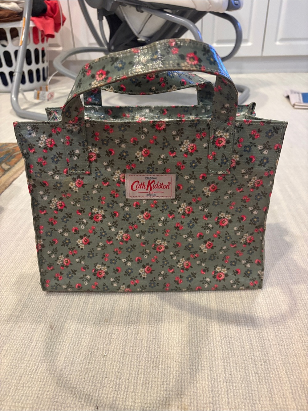 Cath Kidston Olive Green Floral Oilcloth Tote with Pink Accents. 11 x 9 x 5”.